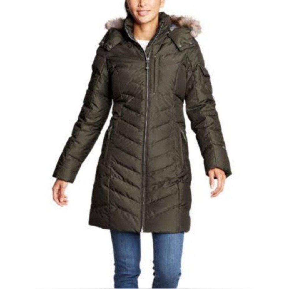 Eddie Bauer Women's Olive Long Quilted Puffer Coat with Faux Fur Trim